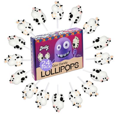 Cow-Shaped Lollipops - 24 Pack - Individually Wrapped Cow Candy Suckers for Farm Animal Party Favors, Birthday Treats Gift Bags