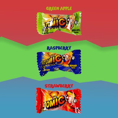 Zaza Atomic Extra Sour Chewy Candy in Explosive Sours Flavors - Assorted Fruit Soft Chewy Filled Gummy Candy Raspberry, Green Apple, Strawberry Flavors for Kids - Kosher, Gluten Free, 2.2LB Bulk