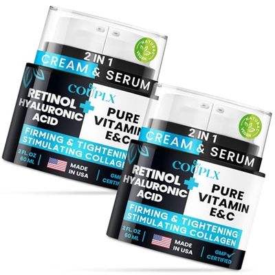 2-Pack 2-in-1 Collagen Booster, Retinol Hyaluronic Acid Cream Serum, Anti-Aging, Lifting Skin-Tightening Moisturizer for Men Women, Neck and Dcollet, Made in USA Daily Moisturizer Face Cream