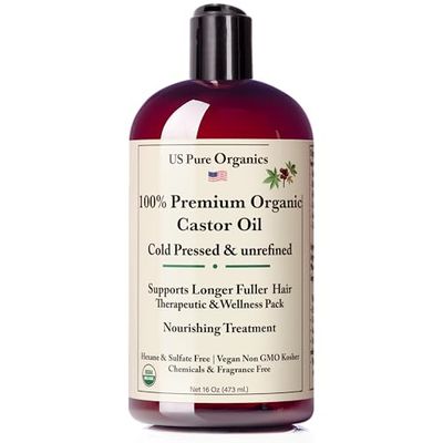 Premium Organic Castor Oil Cold Pressed Unrefined For Skin Scalp Hair Growth Eyelashes Eyebrows, Therapeutic Detox. Hexane Chemicals Free 16Oz