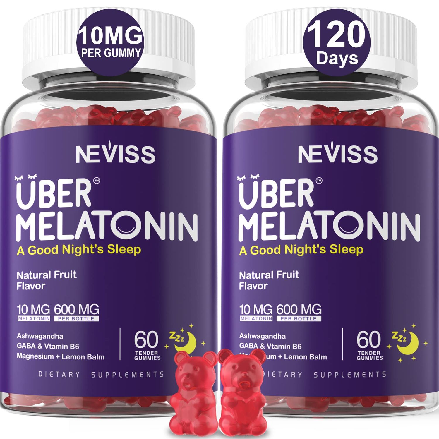 Melatonin Gummies 10mg 20mg for Adults, Melatonin 10 mg per Gummy with Ashwagandha, Magnesium Glycinate, GABA, L-theanine, Valerian Root Lemon Balm, Rest Support Supplement, Grape Flavor, 2-Pack