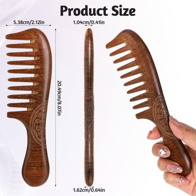 Wooden Comb for Women, 2 PCS Natural Green Sandalwood Wood Comb Anti-Static Detangling Wide Tooth Comb for Curls and Hand Made Fine Tooth Hair Comb for Men Hair Growth Straight Wet Dry Hair