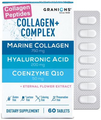 Granions Collagen Complex Supplement - 750mg Hydrolyzed Marine Collagen Peptides, 200mg Hyaluronic Acid, Coenzyme Q10 CoQ10, Eternal Flower Hydration, Age Defense Supplements - 60 Foil Sealed Tablets