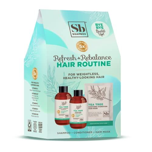 Soapbox Haircare Gift Set of 3, Travel Sized Shampoo Conditioner with Tea Tree Oil Scalp Treatment to Cleanse Build Up, Cleansing Hair Care Set of Three in Gift Box Easy, Breezy Hair Days Inside!