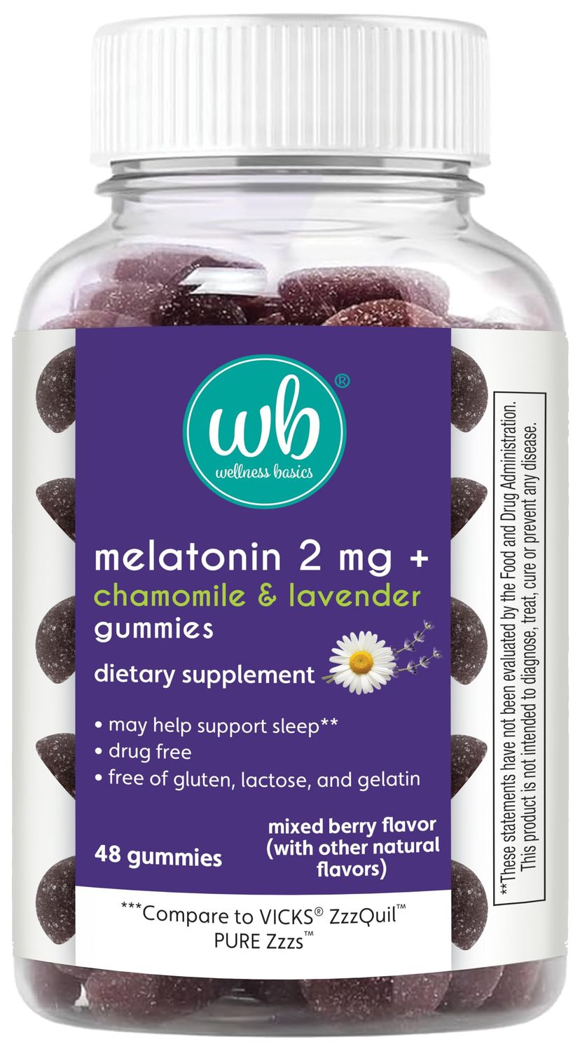 Wellness Basics Melatonin Gummy with Lavender Chamomile Natural Sleep Support Berry Flavor 2mg Per Serving 48 Count