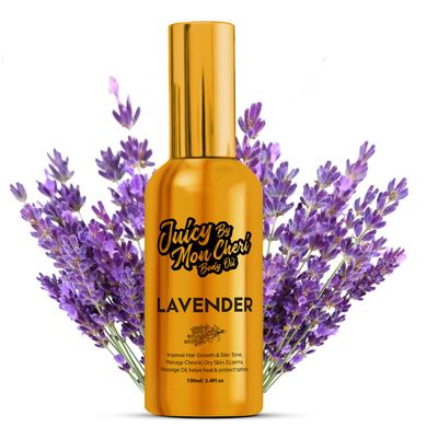 Juicy By Mon Cheri Body Oil Spray - Natural Black Seed, Olive Vitamin E for Scar Repair, Eczema, Psoriasis, Rosacea, Moisturizing Hair Growth (3.4 oz, Lavender)