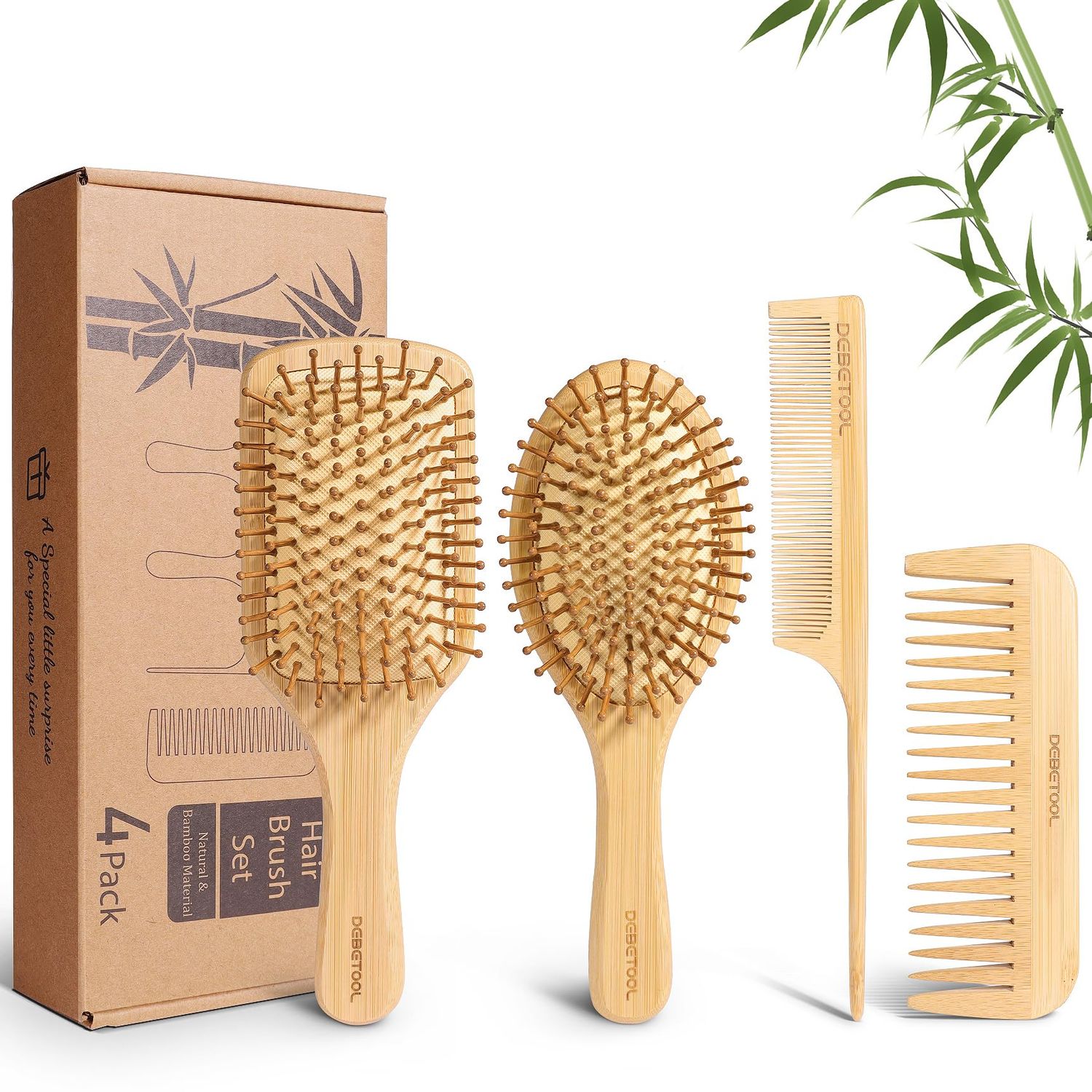 DEBETOOL Bamboo Hair Brush and Comb Set - Natural Wooden Bamboo Brush for Hair Growth with Wide-tooth Tail Comb, Ergonomic Design for (ThickThinCurlyDry Hair) - Wooden Comb for Women Gift Kit