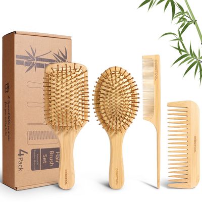 DEBETOOL Bamboo Hair Brush and Comb Set - Natural Wooden Bamboo Brush for Hair Growth with Wide-tooth Tail Comb, Ergonomic Design for (ThickThinCurlyDry Hair) - Wooden Comb for Women Gift Kit