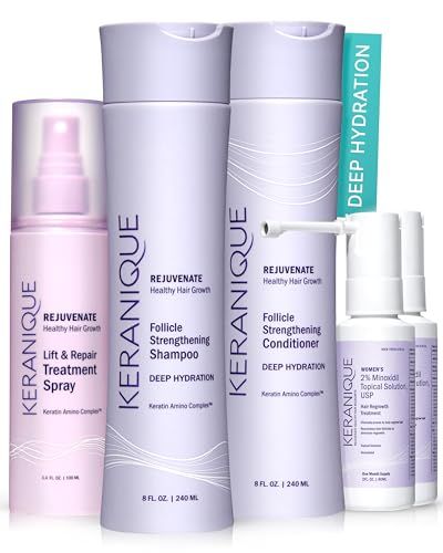 Keranique Hair Growth Products Set - 2 Minoxidil Keranique Hair Regrowth Treatment for Women - Deep Hydrating Shampoo and Conditioner - Hair Thickening Volumizing Spray - Hair Loss Treatment System