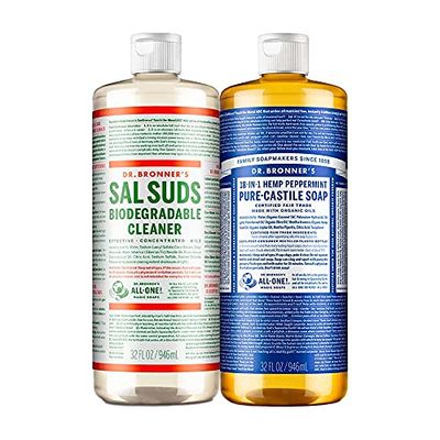 Dr. Bronners Pure-Castile Magic Soap Variety Pack Sal Suds Biodegradable Cleaner Liquid Body Soap, All-Purpose Cleaner, Vegan, Cruelty-Free, Non-GMO, Peppermint Castile Liquid Soap 32 oz Sal Suds