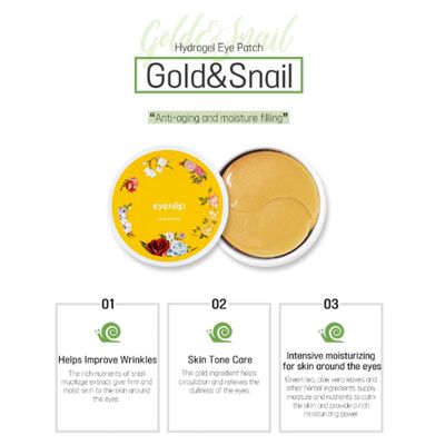 eyeNlip Gold Snail Hydrogel Eye Patches - Moisturizing Under Eye Mask for Puffy Eyes, Fine Lines, and Dark Circles - Korean Skincare (60 Patches)