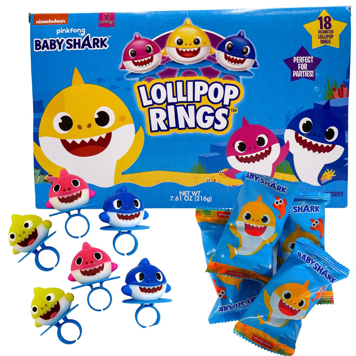 Imaginings 3 Baby Shark Lollipop Rings, Individually Wrapped Birthday Party Favors and Supplies, Character Shaped Assorted Fruit Flavored Lollipops, Candy Easter Basket Stuffers, 20 Ring, 0.84 Ounces