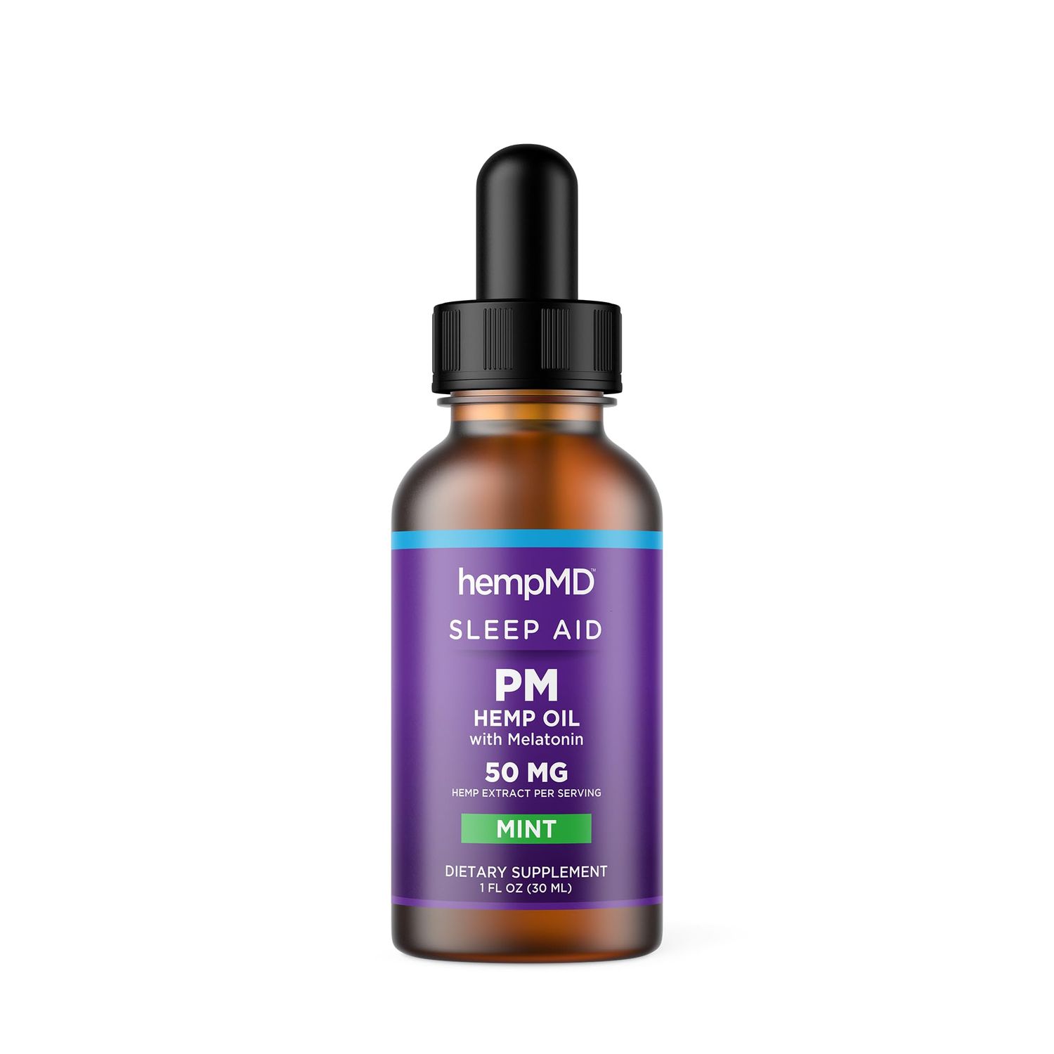 hempMD PM Hemp Melatonin Sleep Aid Mint Flavored - Your Natural Sleep Support - Premium Blend of Herbal extracts - Liquid Oil Tincture 50mg Hemp Extract Per Serving - 1FL OZ (30ML)