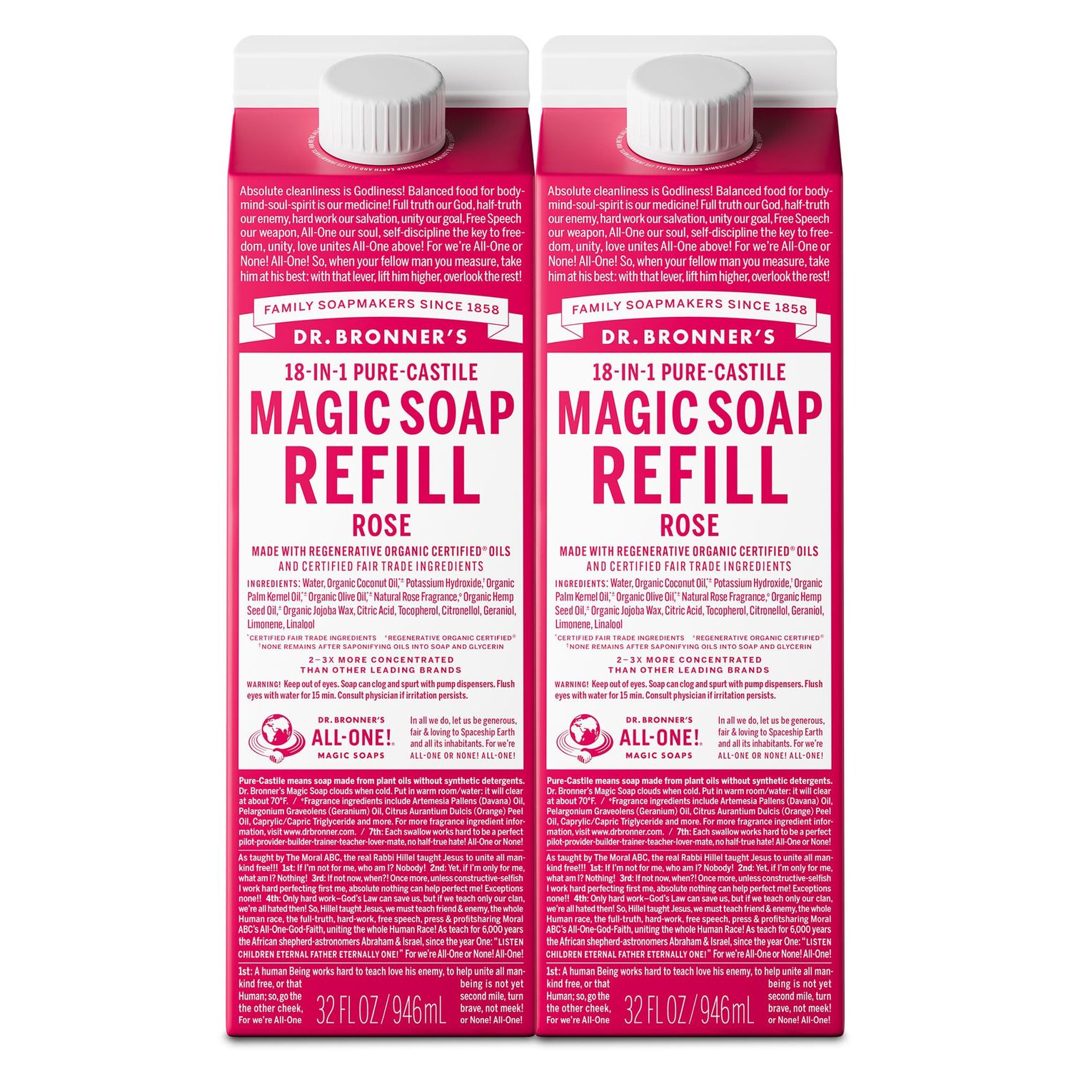 Dr. Bronner&#39;s Magic Soap-Pure-Castile Liquid Soap Refill (Rose 32 ounce, 2-Pack)-Regenerative Organic Certified Oils, For Body, Hair, Laundry, Pets Dishes, Concentrated, Vegan, Non-GMO