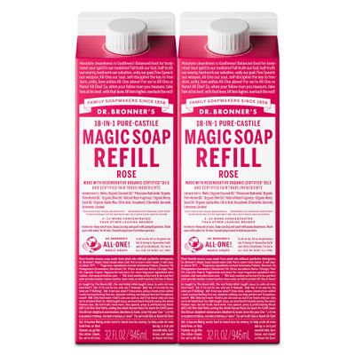 Dr. Bronner&#39;s Magic Soap-Pure-Castile Liquid Soap Refill (Rose 32 ounce, 2-Pack)-Regenerative Organic Certified Oils, For Body, Hair, Laundry, Pets Dishes, Concentrated, Vegan, Non-GMO