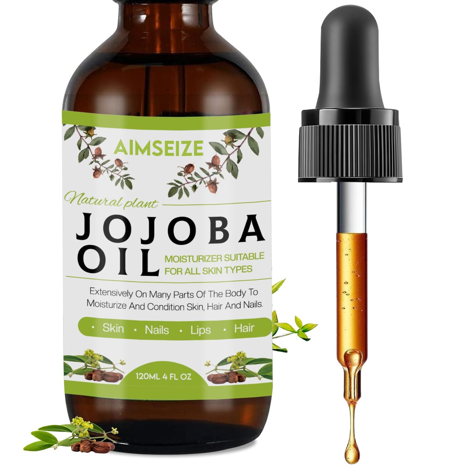 AIMSEIZE Jojoba Oil Organic (4oz), 100 Pure Stimulate Growth for Hair Eyebrows, Moisturizing Massage Oil for Face, Hair, Skin Nails