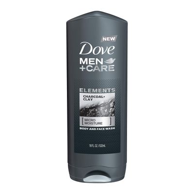 DOVE MEN CARE Elements Body Wash Charcoal Clay, Effectively Washes Away Bacteria While Nourishing Your Skin, Gray, 18 Fl Oz (Pack of 4)