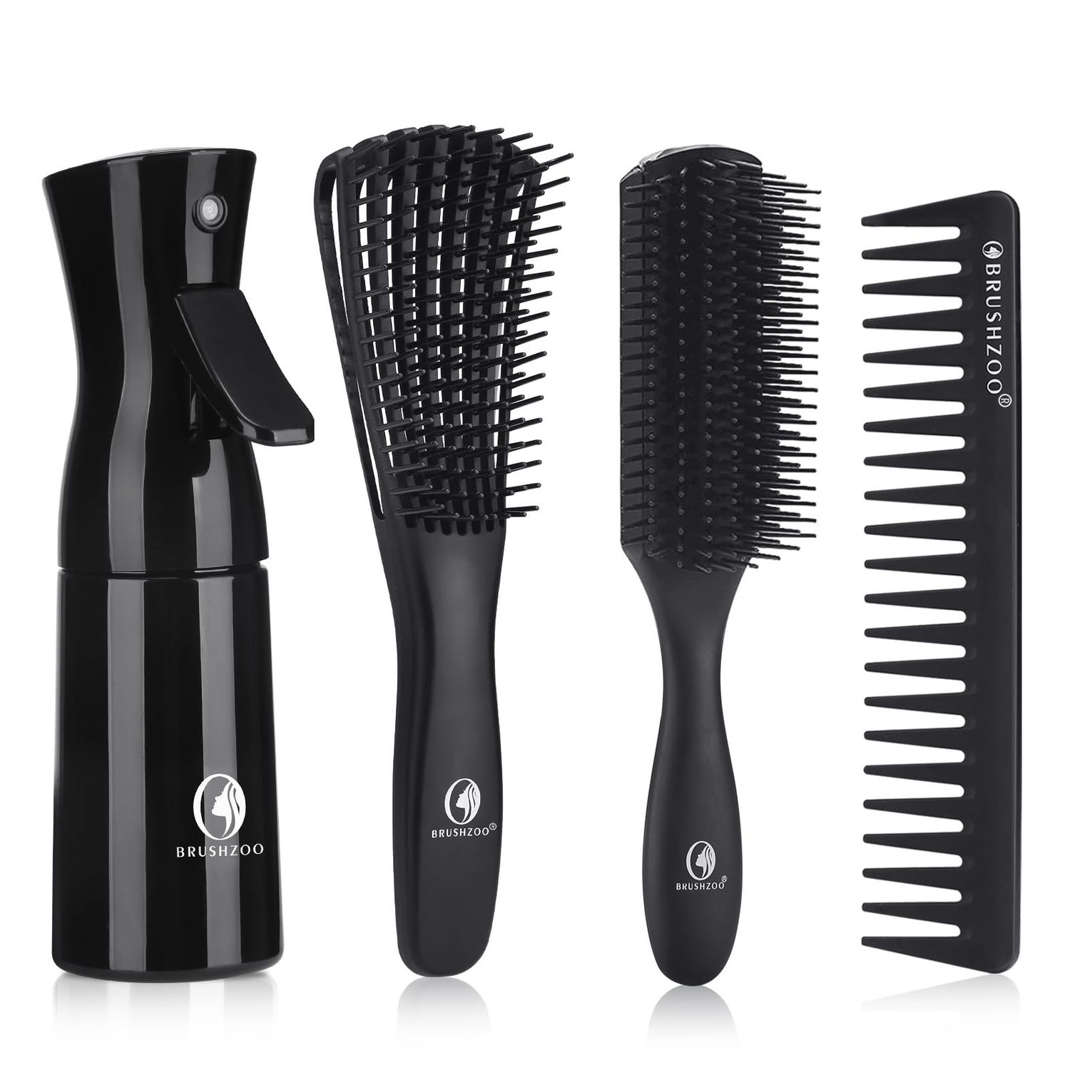 BRUSHZOO Hair Brush Set for Women, Men, and Kids - Detangling Brushes for Curly and Natural 34abc Hair, Wide Tooth Comb, Detangler Brush, and Hair Spray Bottle