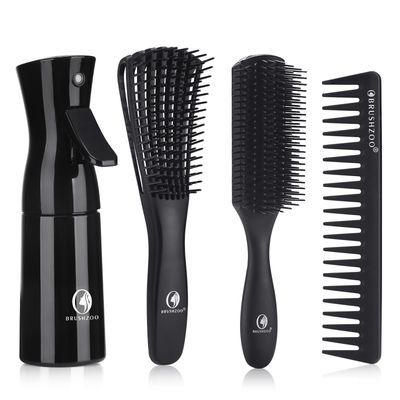 BRUSHZOO Hair Brush Set for Women, Men, and Kids - Detangling Brushes for Curly and Natural 34abc Hair, Wide Tooth Comb, Detangler Brush, and Hair Spray Bottle