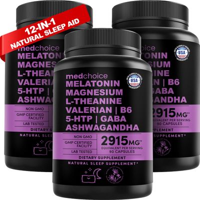 12-in-1 Melatonin Sleep Capsules - Natural Sleep Aids for Adults with Melatonin 5mg and Magnesium Glycinate 500mg, Sleep Aid with Ashwagandha, L Theanine, Valerian Root, GABA, 5-HTP (90ct, Pack of 3)