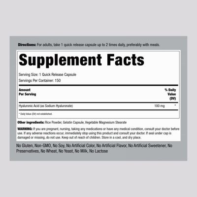 Piping Rock Hyaluronic Acid Capsules 100mg 150 Count Premium Formula Non-GMO, Gluten Free Supplement