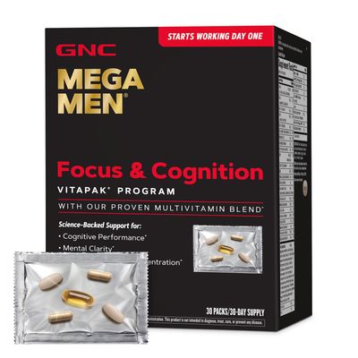 GNC Mega Men Focus and Cognition Vitapak Program, Convenient, Complete Nutrition, 3 Products in 1 Packet, Clarity, Focus, Energy, Concentration, Works on Day One, 100mg Caffeine, 30 Daily Packs
