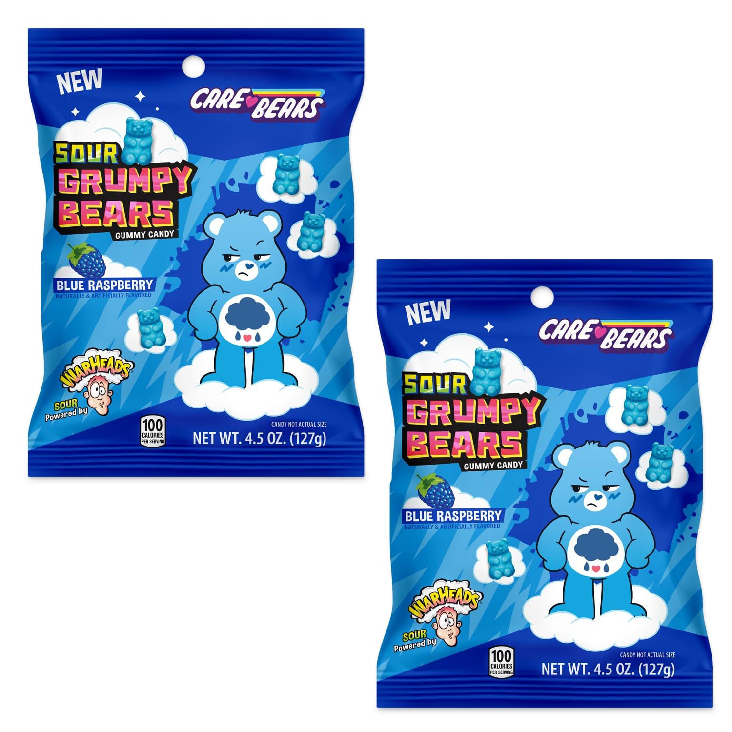 WARHEADS Care Bears - Sour Grumpy Bears - Blue Raspberry Flavor - 4.5 oz. Bags - 2 Pack