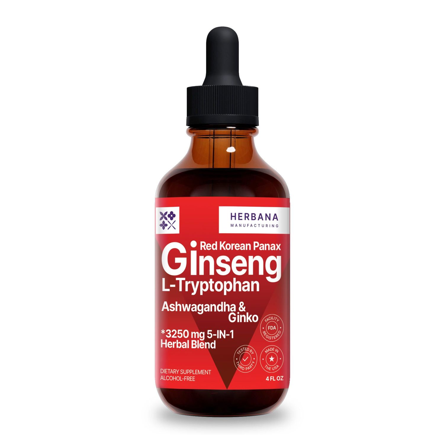 Red Korean Panax Ginseng L-Tryptophan Liquid Extract Formula 4 fl oz - Ashwagandha, Ginkgo Biloba - Energy, Cognitive Performance Focus - Immune System and Vitality Support Tincture