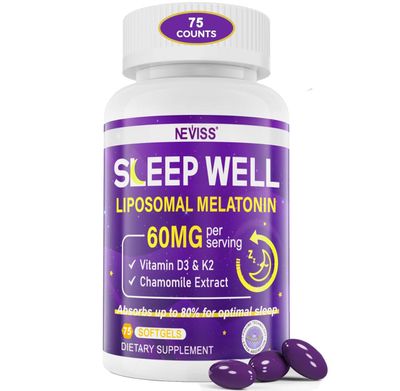NEVISS 1Pack 60mg Melatonin Liposomal for Adults, High Dose Deep Rest Brain Cognition, Extra Strength with Vitamin D3, K2, Chamomile for Sound Zzz Cycle, Power Antioxidant, 75 Softgels