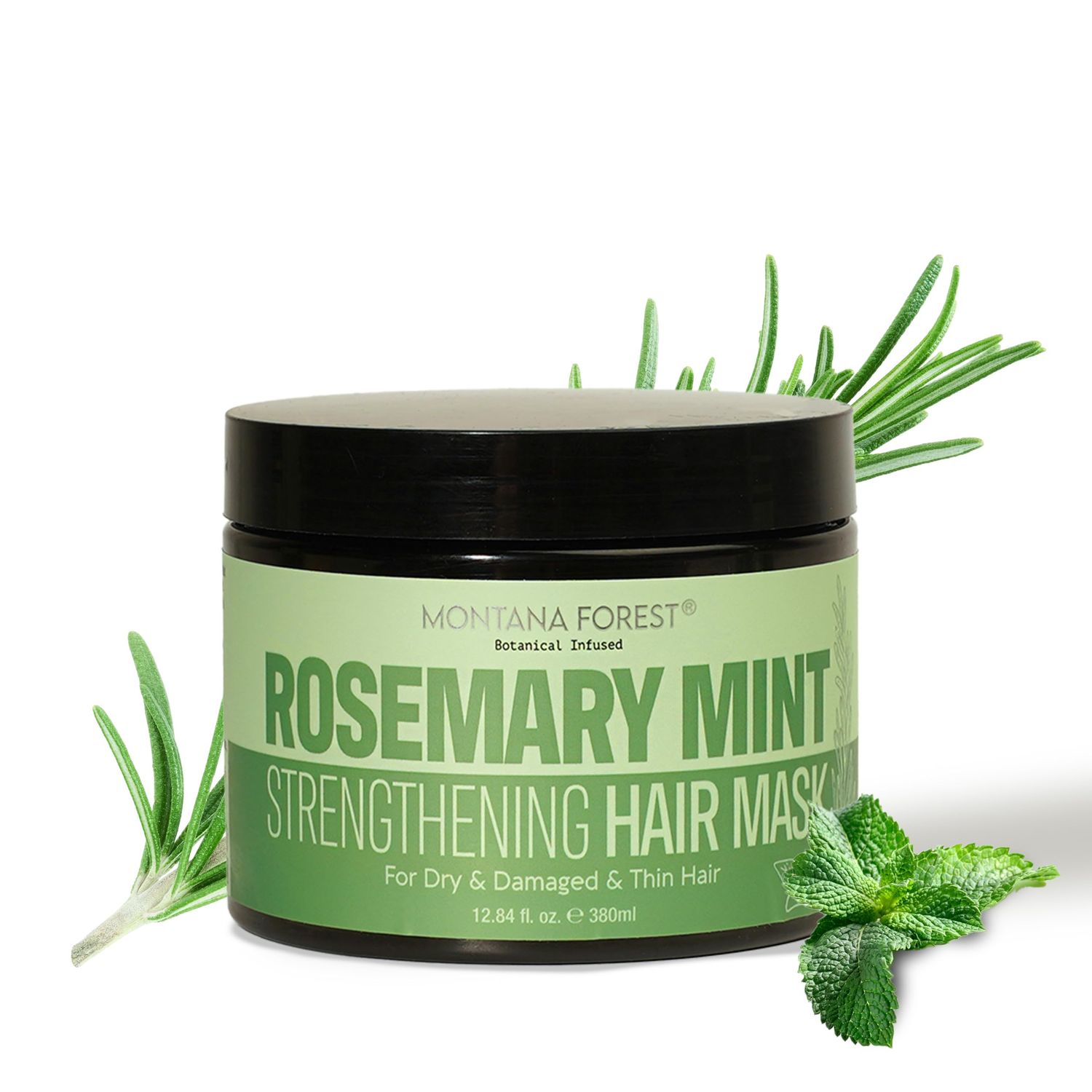 MONTANA FOREST Rosemary Mint Strengthening Hair Mask - 12.84 fl oz Botanical Infused Hair Treatment for Dry, Damaged Natural Hair Care with Rosemary Mint for Deep Conditioning and Vitality