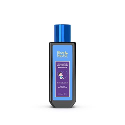 Blue Nectar Ayurvedic Baby Hair Oil with Organic Ghee, Almond Oil, Coconut Oil Olive Oil for Hair and Scalp(18 Herbs, 3.38 Fl Oz)