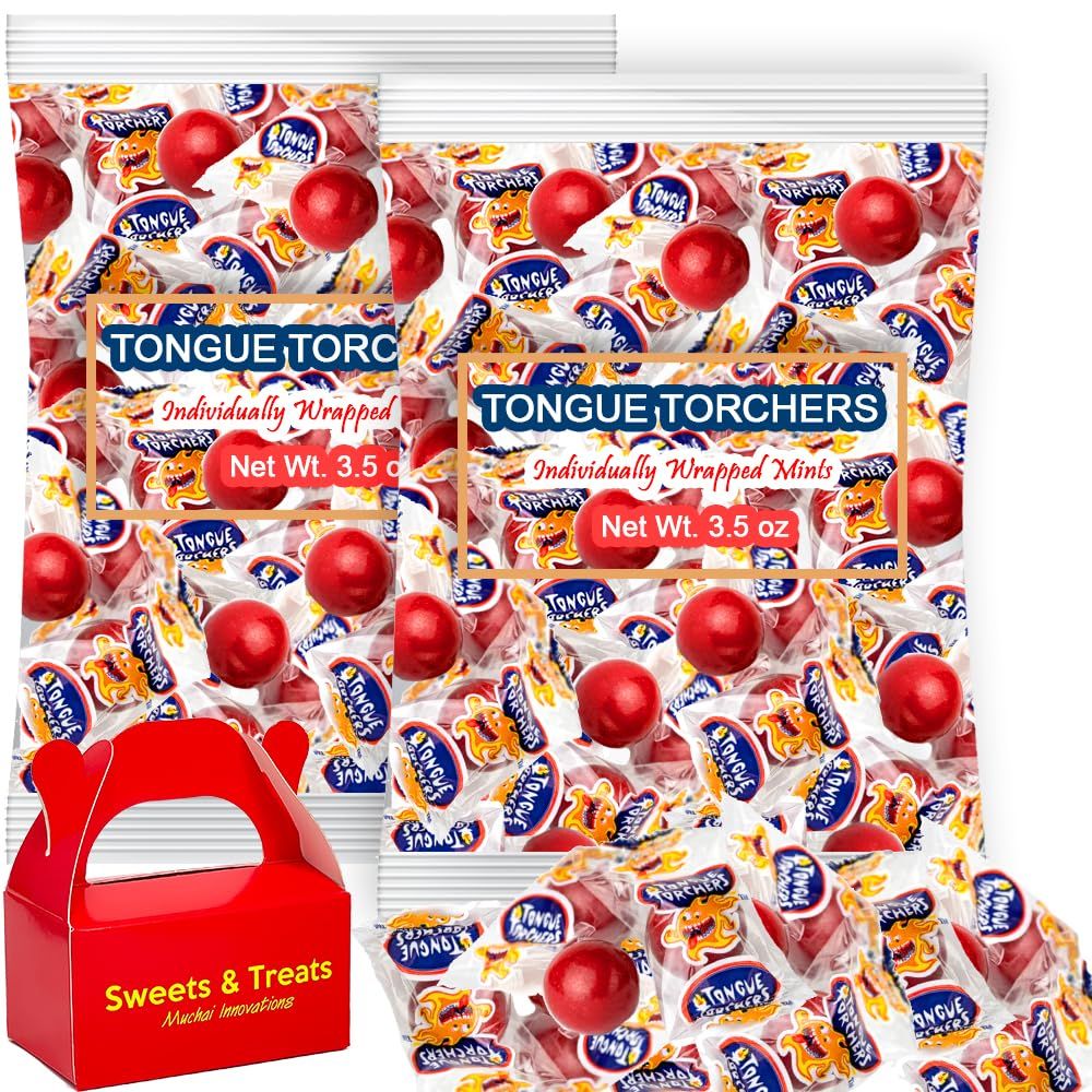 Tongue Torchers Hot Cinnamon Hard Candy Hot Sweet Spicy Fireballs Fresh Candy - Individually Wrapped Plus MUCHAI Treat Box Included (2 Bags Pack, Cinnamon Fireballs Candy)
