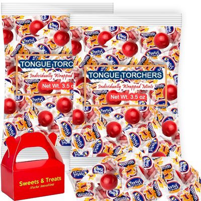 Tongue Torchers Hot Cinnamon Hard Candy Hot Sweet Spicy Fireballs Fresh Candy - Individually Wrapped Plus MUCHAI Treat Box Included (2 Bags Pack, Cinnamon Fireballs Candy)