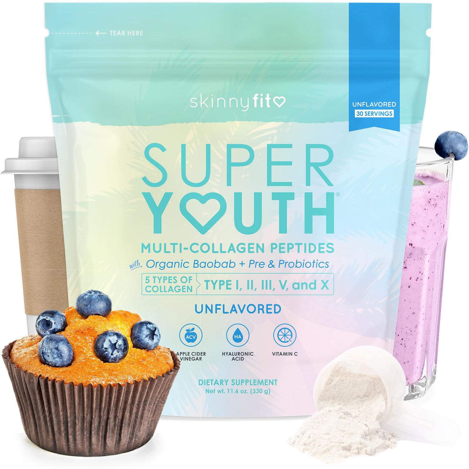 SkinnyFit - Super Youth, Unflavored (30 Servings) - Multi Collagen Peptides Powder - Probiotics, Fiber, Hyaluronic Acid - Collagen for Women - Non GMO, Gluten Free, Sugar Free - Beauty Self Care