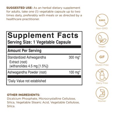 SOLGAR Ashwagandha Root Extract - 60 Vegetable Capsules - Standardized Full Potency (SFP) - Non-GMO, Vegan, Gluten Dairy Free, Kosher - 60 Servings