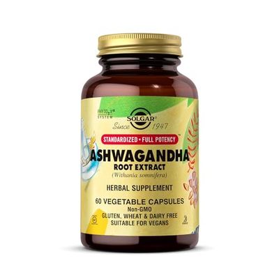 SOLGAR Ashwagandha Root Extract - 60 Vegetable Capsules - Standardized Full Potency (SFP) - Non-GMO, Vegan, Gluten Dairy Free, Kosher - 60 Servings