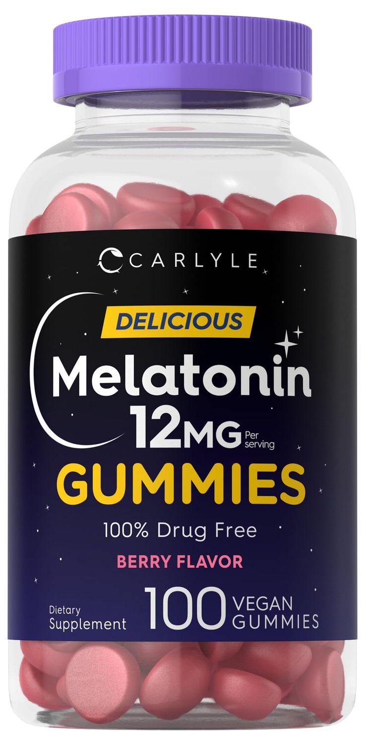 Carlyle Melatonin Gummies 12mg 100 Count Berry Flavor Vegan Supplement Non-GMO, Gluten Free