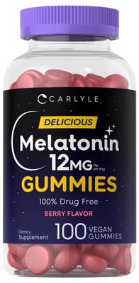 Carlyle Melatonin Gummies 12mg 100 Count Berry Flavor Vegan Supplement Non-GMO, Gluten Free