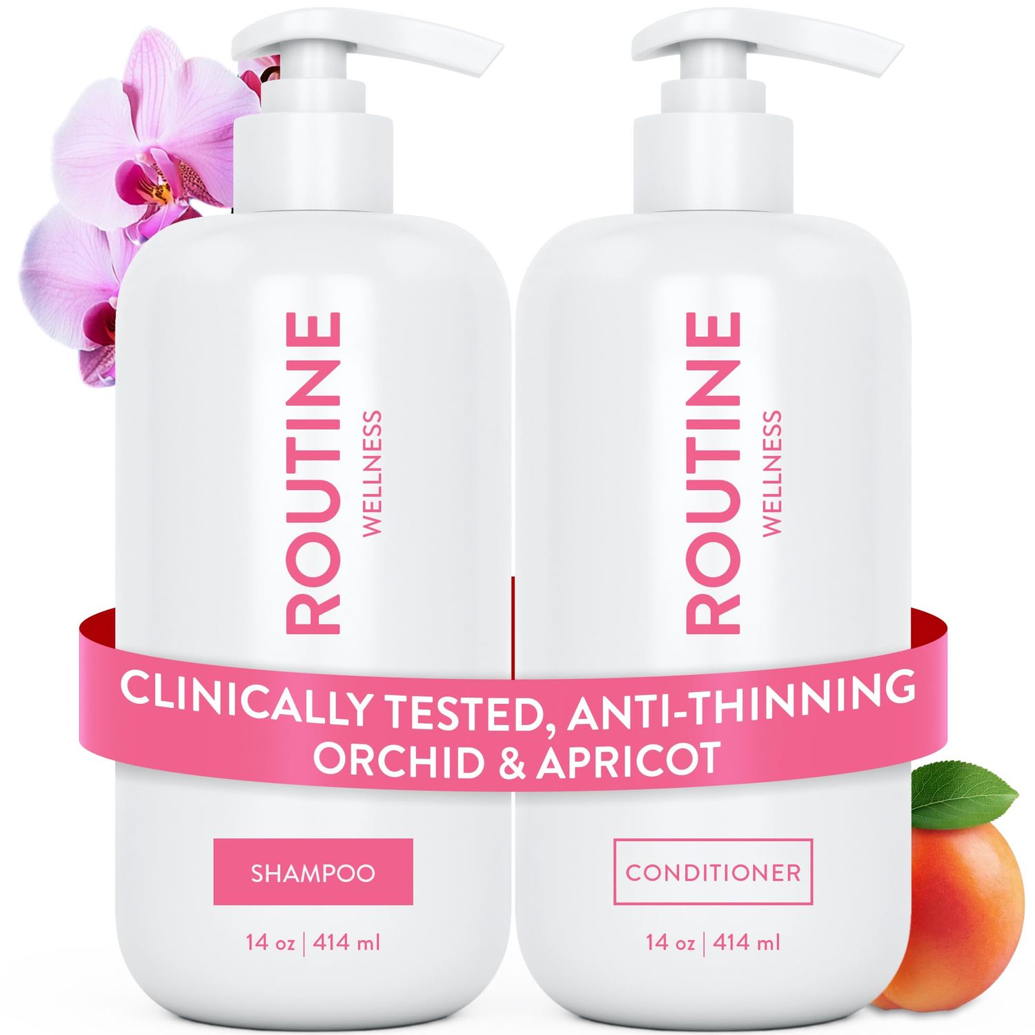 Routine Wellness Anti-Thinning Shampoo and Conditioner Set for Thinning Hair - Biotin DHT Blocker Women Men - Color Safe Shampoo for Hair Loss Healthier Hair - Orchid Apricot (Pack of 2)