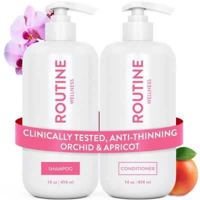 Routine Wellness Anti-Thinning Shampoo and Conditioner Set for Thinning Hair - Biotin DHT Blocker Women Men - Color Safe Shampoo for Hair Loss Healthier Hair - Orchid Apricot (Pack of 2)