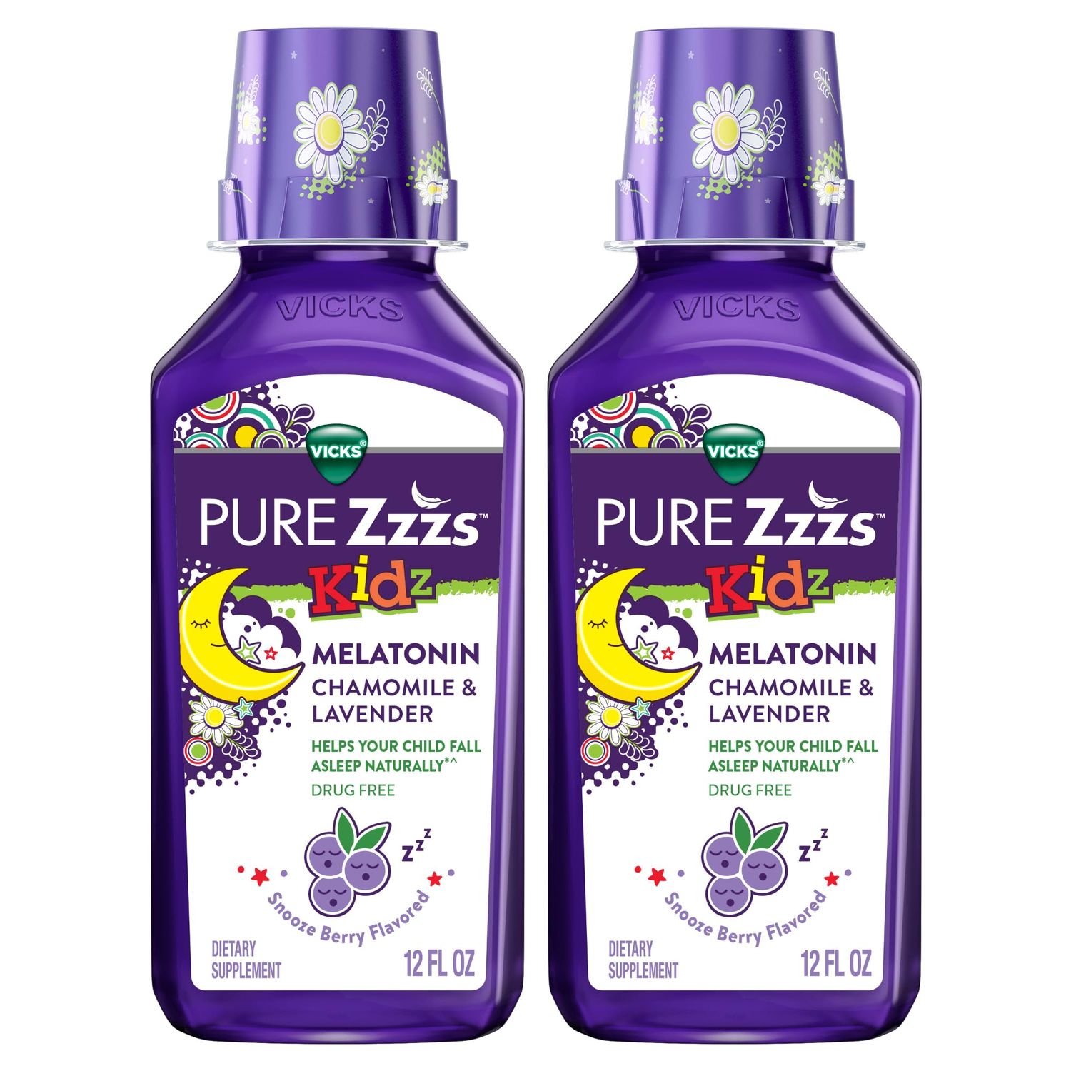 Vicks Pure Zzzs Kidz Melatonin, Kids Melatonin Liquid, Sleep Aid, Drug-Free, Liquid Melatonin 1mg, with Chamomile Lavender, Melatonin Sleep Aids for Kids, Snooze Berry Flavored, 2 Pack, 24 FL OZ