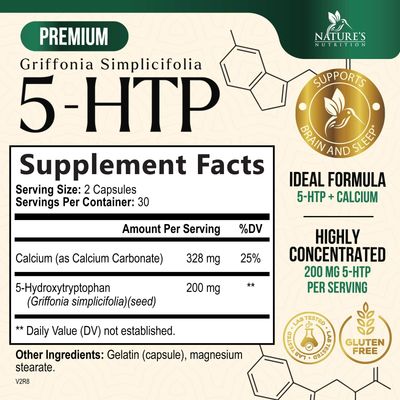 5 HTP Supplement Capsules 200 mg 5HTP Plus Calcium for Brain Calm Support - Extra Strength Premium Griffonia Simplicifolia 5-HTP Formula - 5 Hydroxytryptophan - Gluten Free 60 Vegetarian Capsules