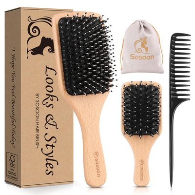 Hair Brush, 2 Pack Boar Bristle Paddle Hairbrush for Women Men Kids Reducing Frizzy, No More Tangle, Small Travel Brush Tail Comb Giftbox Included