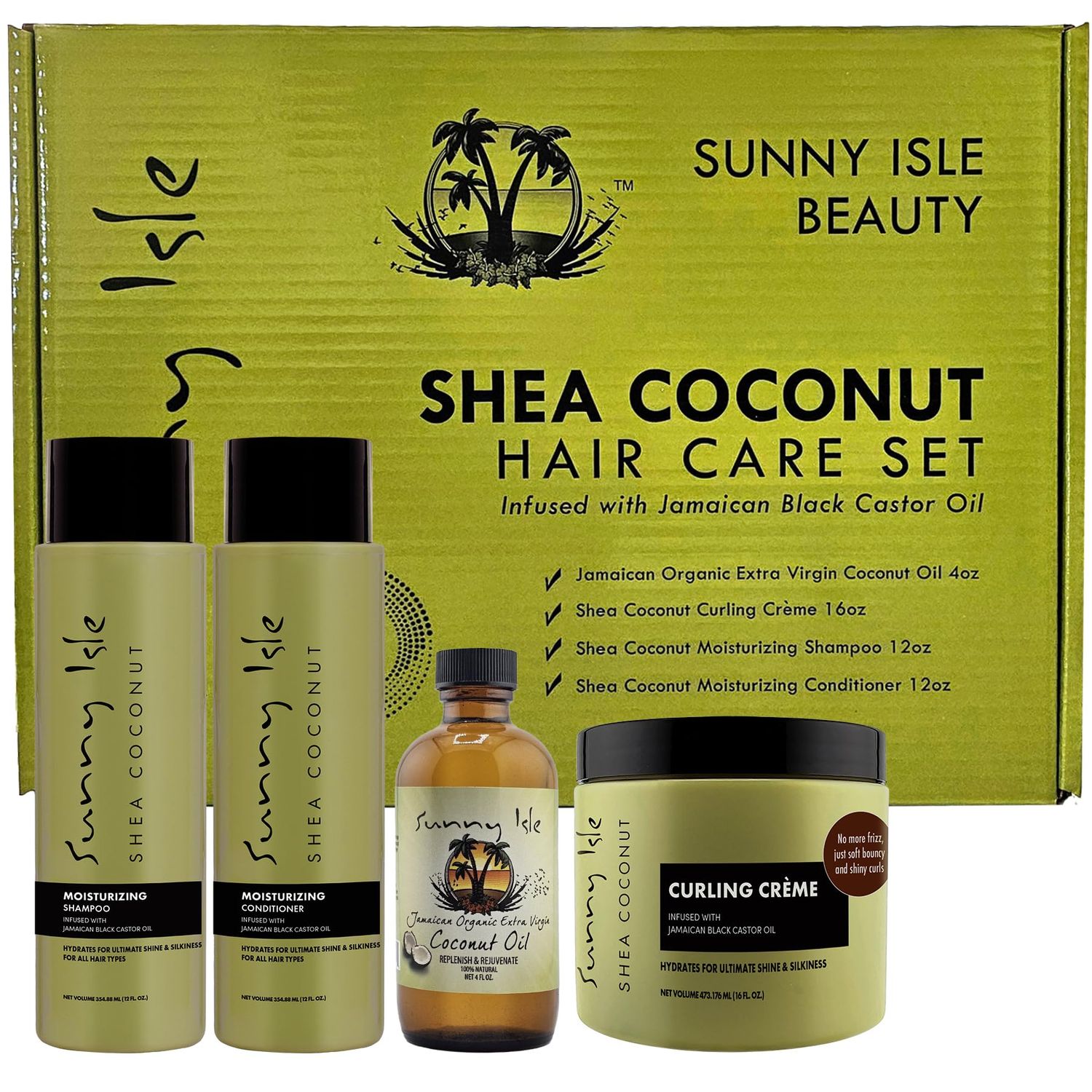 Sunny Isle Shea Coconut Hair Care Set 4-Piece Boxed Gift Bundle Infused with Jamaican Black Castor Oil