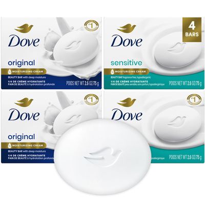 Dove Beauty Bar Soap Variety 4-Pack - Sensitive Skin, Fragrance-Free Original, with Moisturizing Cream, 2.6 Oz Ea