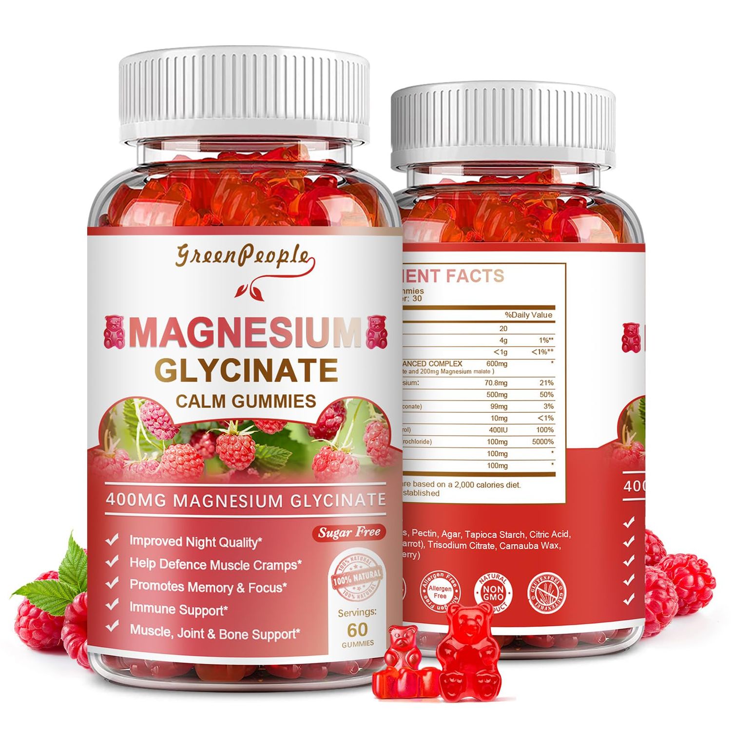 GREENPEOPLE Magnesium Glycinate Gummies 400mg - Sugar Free Magnesium Potassium Supplement with Magnesium Malate, Vitamin D, B6, and CoQ10 for Calm Support Sleep for Adults - Raspberry Gummies