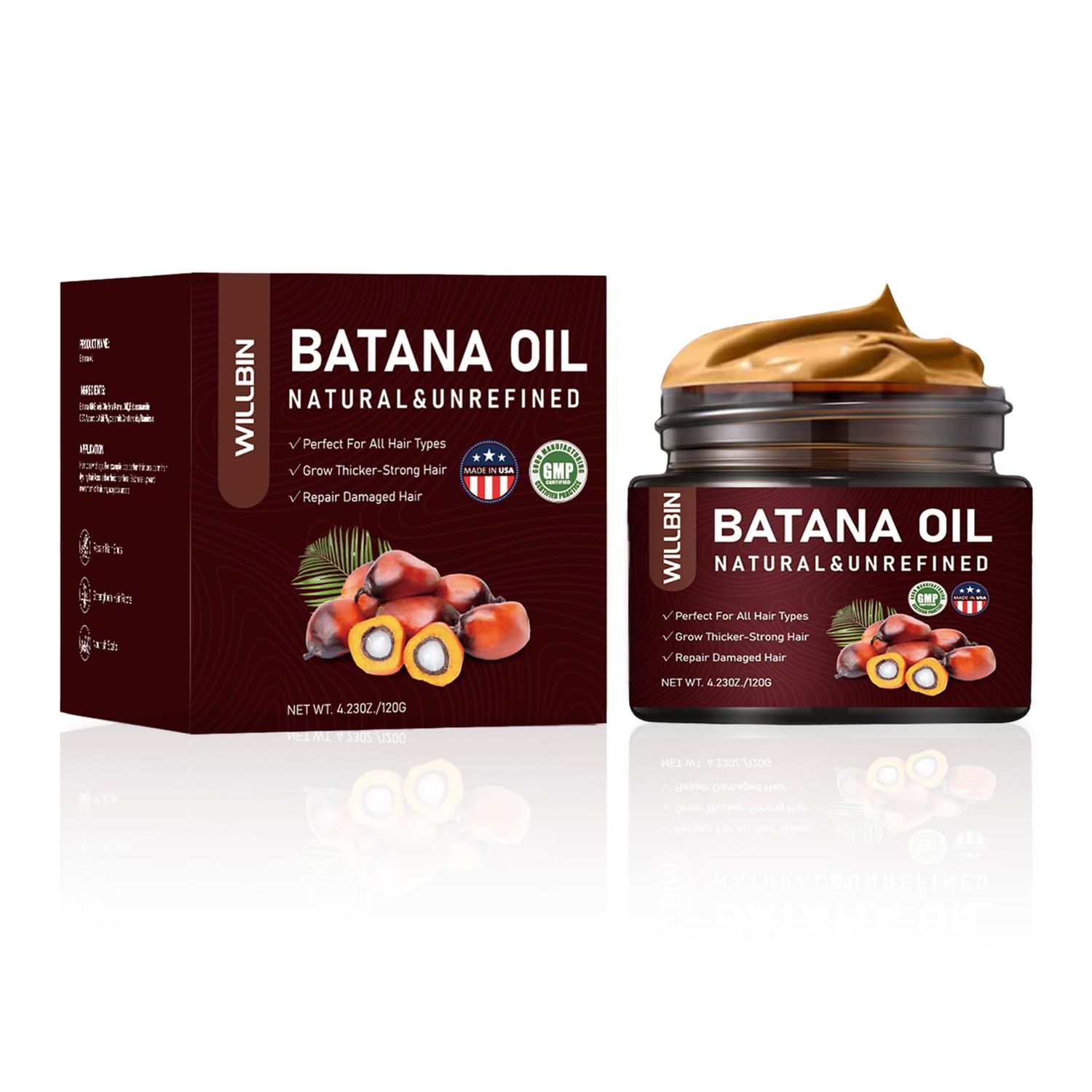 Willbin Batana Oil - 100 Natural Hair Growth Repair Oil, Deep Moisturizing for Skin Scalp, Promotes Thick Shiny Hair, Repairs Damaged Hair, Hydrates Dry Skin - 4.23oz