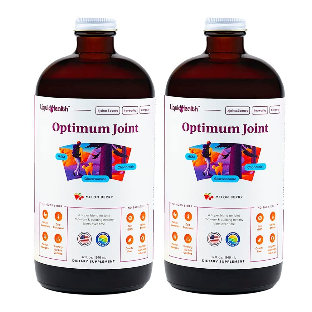 LIQUIDHEALTH Optimum Joint Support Liquid Multivitamin with Glucosamine, Chondroitin, MSM, Hyaluronic Acid - Increase Mobility, Joint Comfort, for Runners Athletes - Made in USA, Vegan (2 Pack)