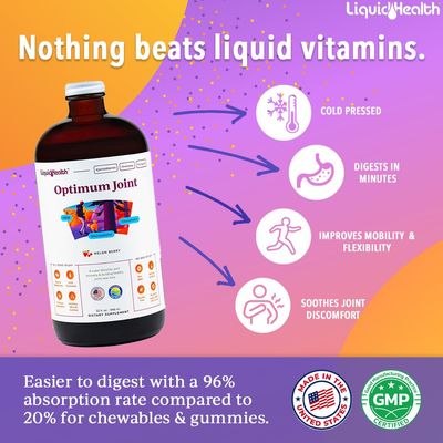 LIQUIDHEALTH Optimum Joint Support Liquid Multivitamin with Glucosamine, Chondroitin, MSM, Hyaluronic Acid - Increase Mobility, Joint Comfort, for Runners Athletes - Made in USA, Vegan (2 Pack)