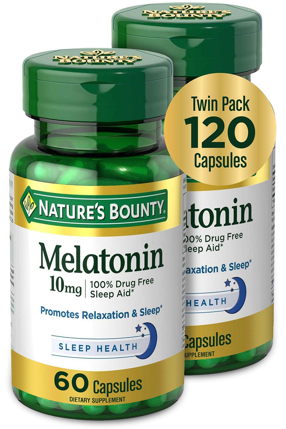 Nature&#39;s Bounty Melatonin, Promotes Relaxation and Sleep Health, 10mg, Capsules, 60 Ct (2 Pack)
